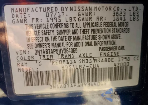 2017 Nissan Sentra S from USA, damaged, VIN 3N1AB7AP5HY364065